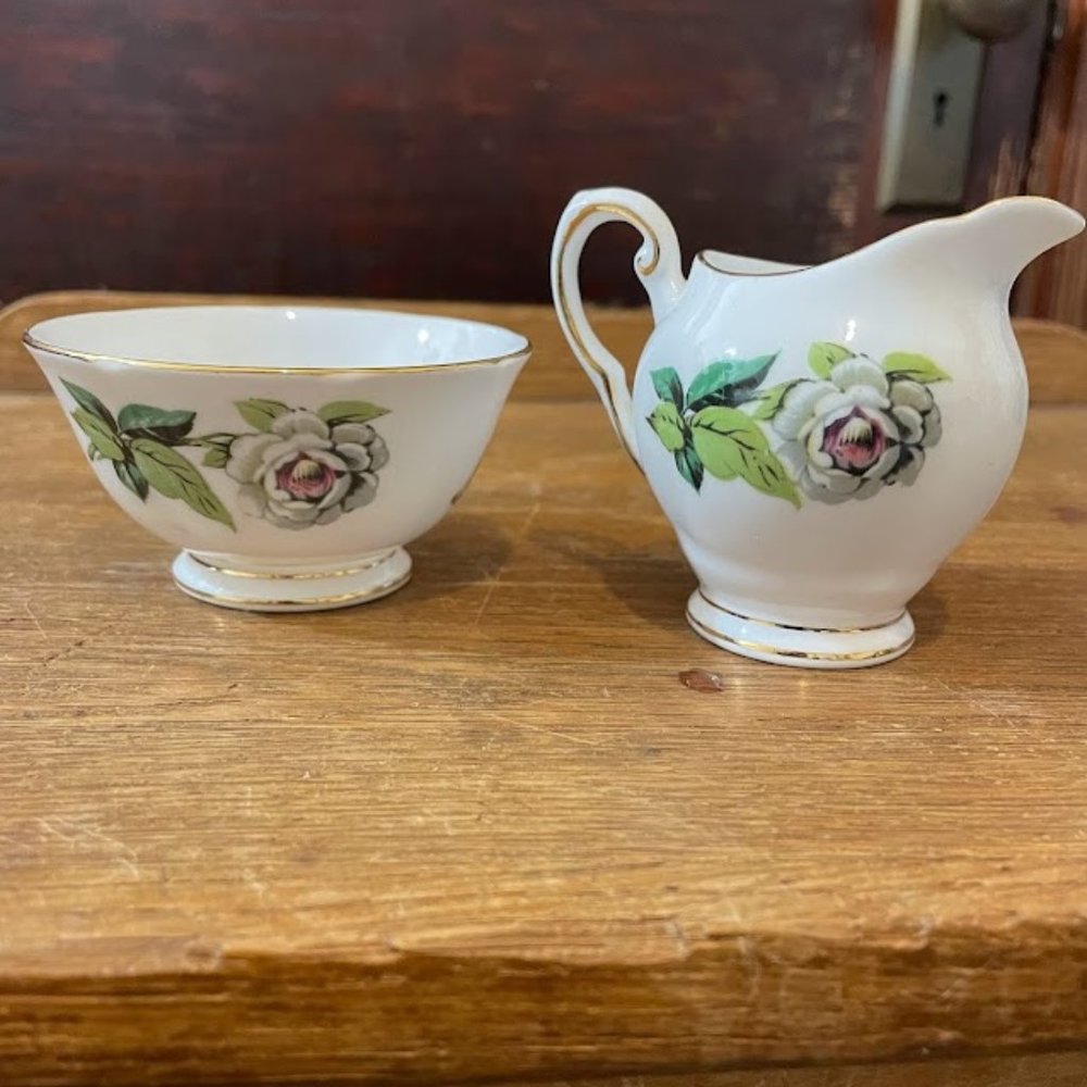 Vintage Gardenia Floral Tuscan English Bone China Cream and Open Sugar Set
